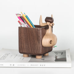 Handcrafted Black Walnut Wood Cow Pencil Holder