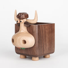 Handcrafted Black Walnut Wood Cow Pencil Holder