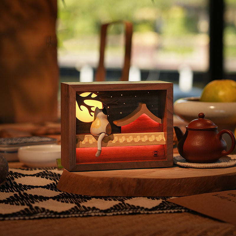 Handcrafted Wooden "Cat Watching the Moon" Dynamic Night Light