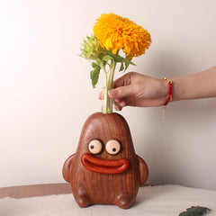 Handcrafted Sausage-Mouth Wooden Doll Vase (with Dust Brush)