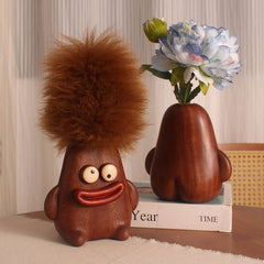 Handcrafted Sausage-Mouth Wooden Doll Vase (with Dust Brush)