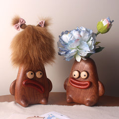 Handcrafted Sausage-Mouth Wooden Doll Vase (with Dust Brush)