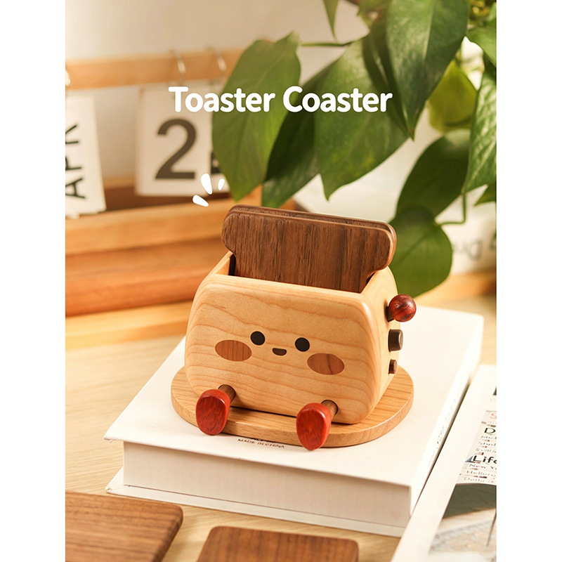 Handcrafted Toaster-Shaped Wooden Coaster Set