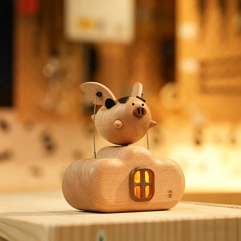 Handcrafted Wooden "Flying Pig" Dynamic Night Light
