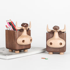 Handcrafted Black Walnut Wood Cow Pencil Holder