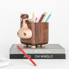 Handcrafted Black Walnut Wood Cow Pencil Holder