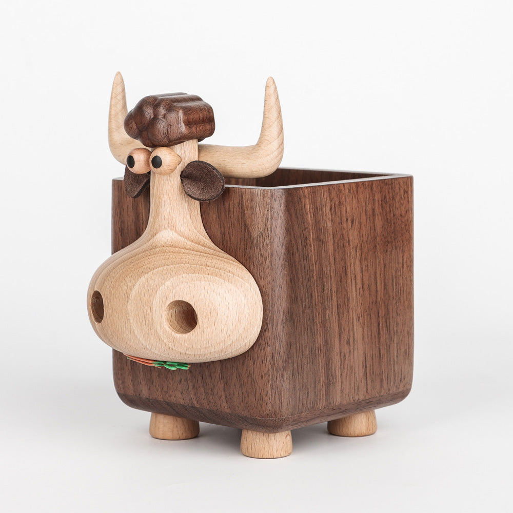Handcrafted Black Walnut Wood Cow Pencil Holder