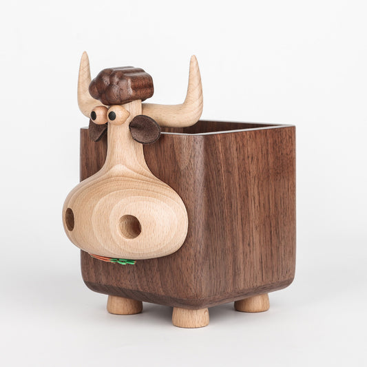 Handcrafted Black Walnut Wood Cow Pencil Holder