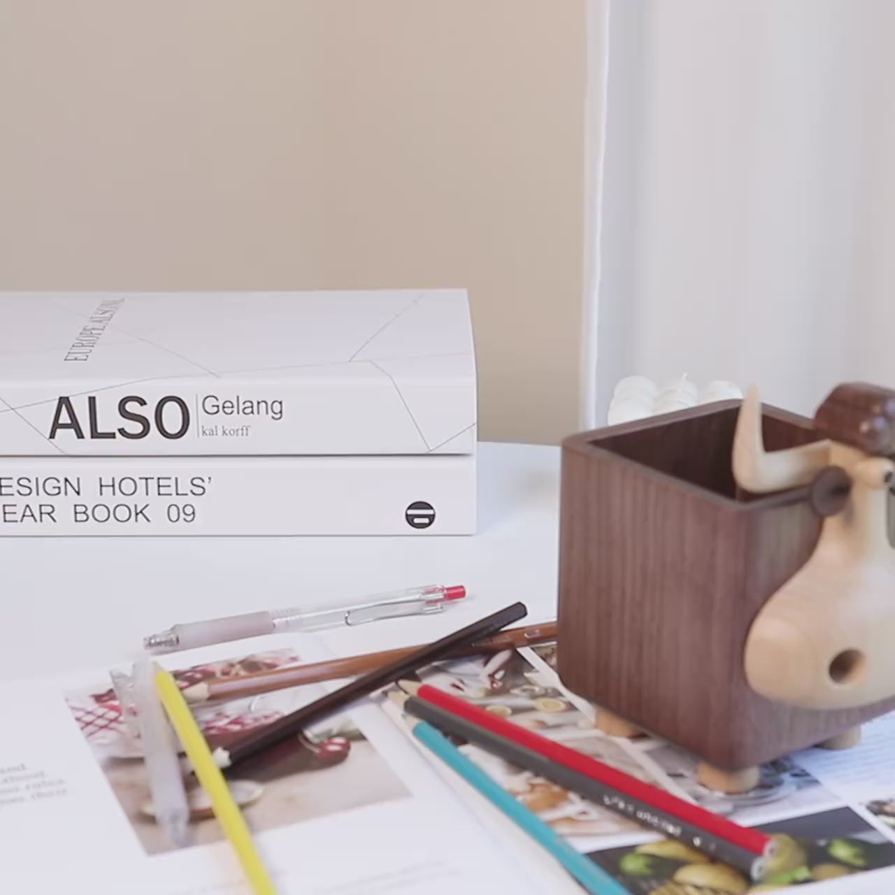 Handcrafted Black Walnut Wood Cow Pencil Holder